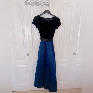 Floor length gown with velvet top and blue satin skirt, perfect for recitals